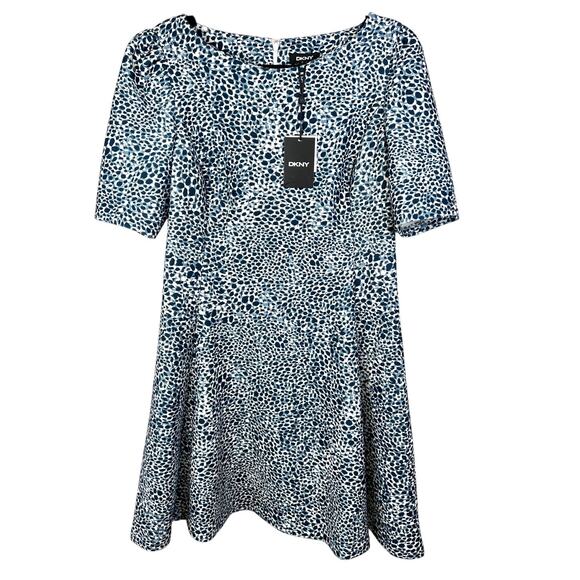 DKNY Size 14 Blue and White Speckled Fit and Flare Dress Short Puff Sleeves NWT - Picture 1 of 16